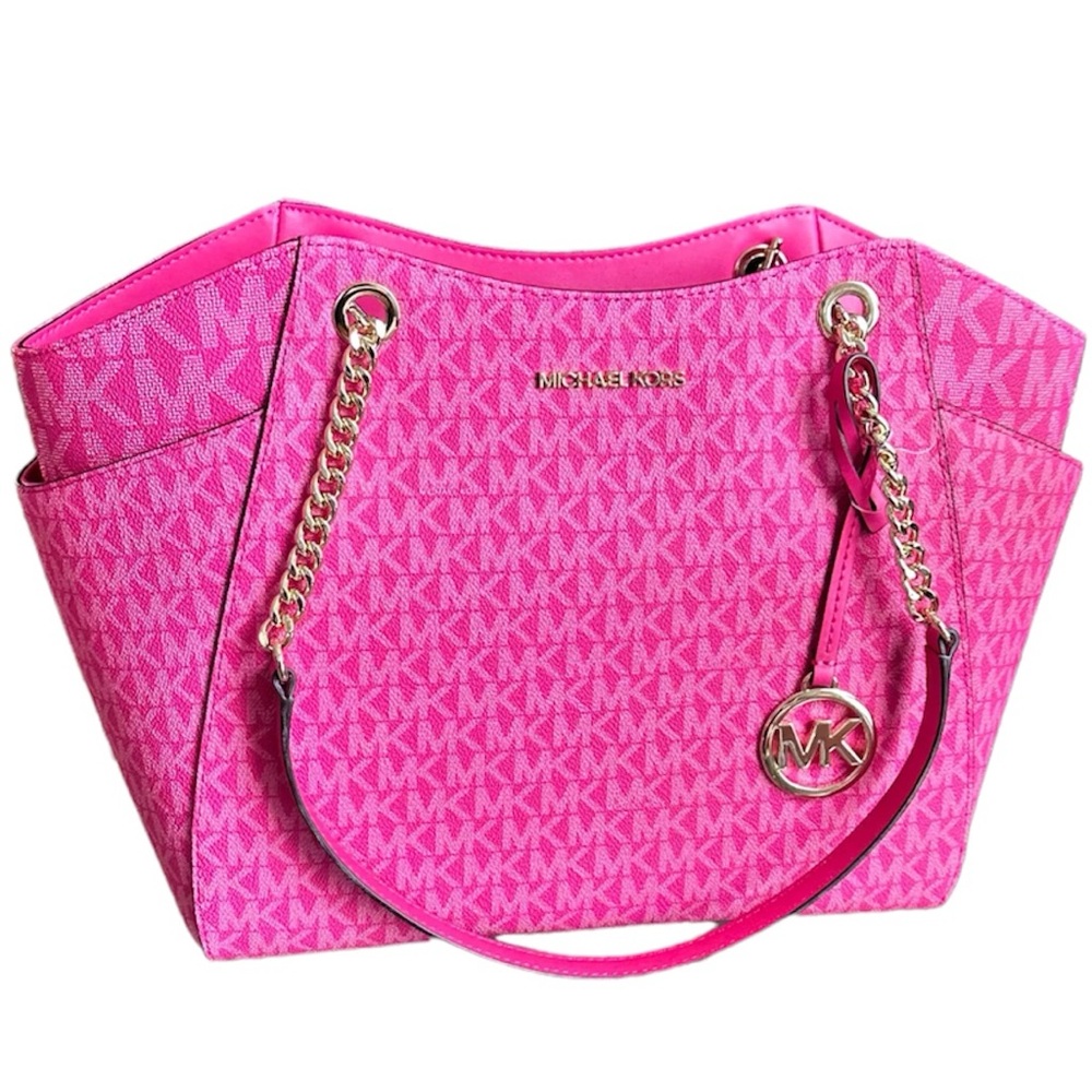 Michael Kors Jet Set Travel Large Chain Shoulder Tote MK Logo Bag Electric Pink